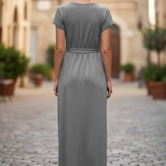2/$40 Grey Midi Belted Dress Short Sleeve Casual Wrap Front Casual Summer Dress - Picture 6 of 6